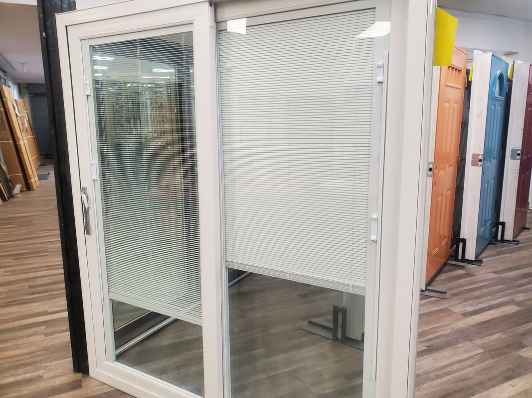 white patio doors with interior blinds at beejay security doors