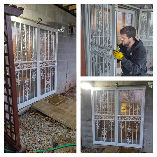 double security doors being installed over french doors at a home basement
